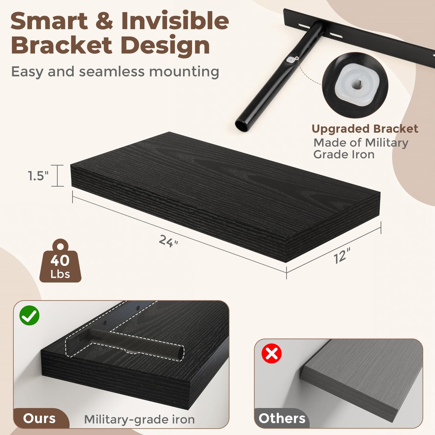 12 Inch Deep Floating Shelves for Wall, 24 x 12 Rustic Wood Grain Bathroom Shelves with Invisible Brackets, Easy Install Wood Storage Shelves for Kitchen, Living Room, Bedroom, Black, Set of 2