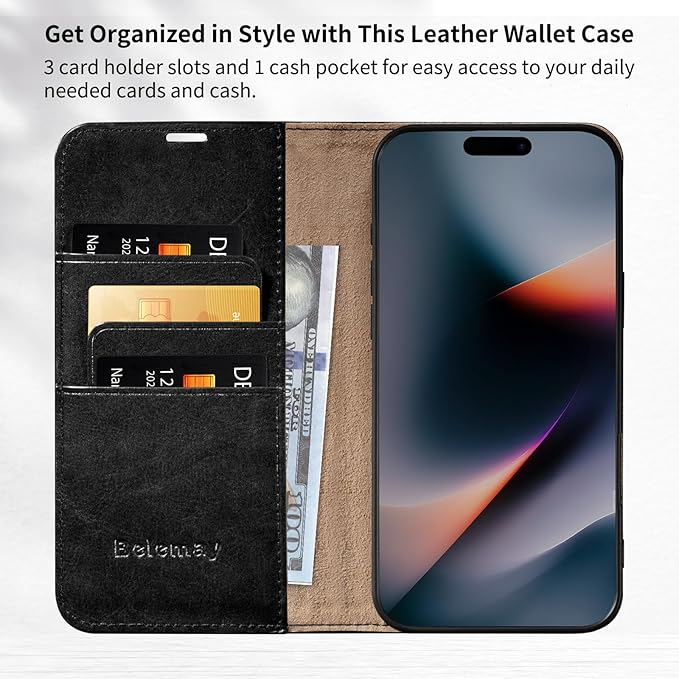 Belemay Leather Wallet Case Compatible with iPhone 17, Premium Cowhide Leather Two-Tone Effect, RFID Blocking Card Holders, Shockproof TPU Shell, Kickstand, Protective Flip Cover, 6.3", Black