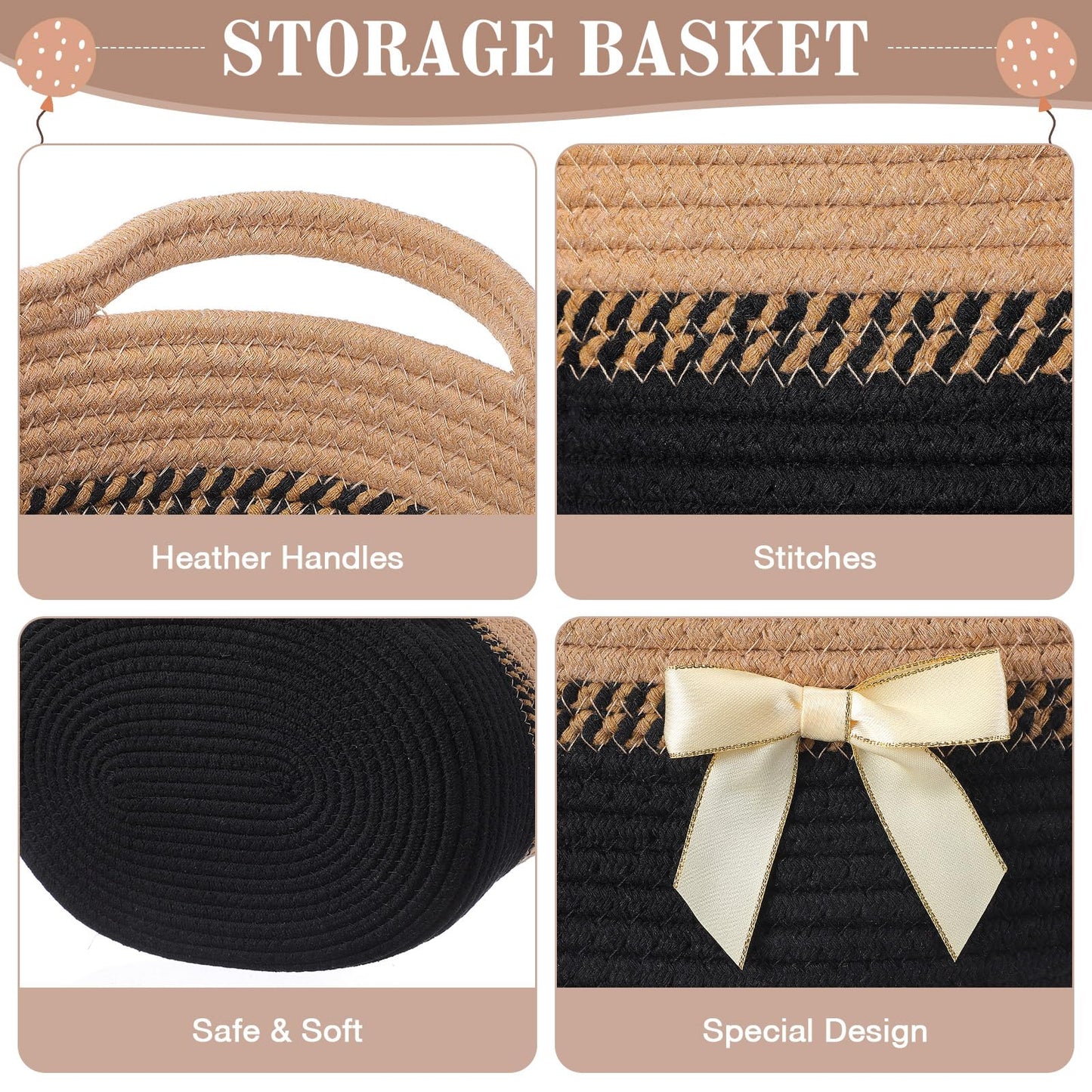 Colingmill 1 Set Woven Basket for Gift Empty with Cellophane Wrap Set 14 x 10 x 5.5 Inch, Medium Decorative Gift Basket Empty to Fill, Cotton Rope Storage Box Decor (Black Brown)