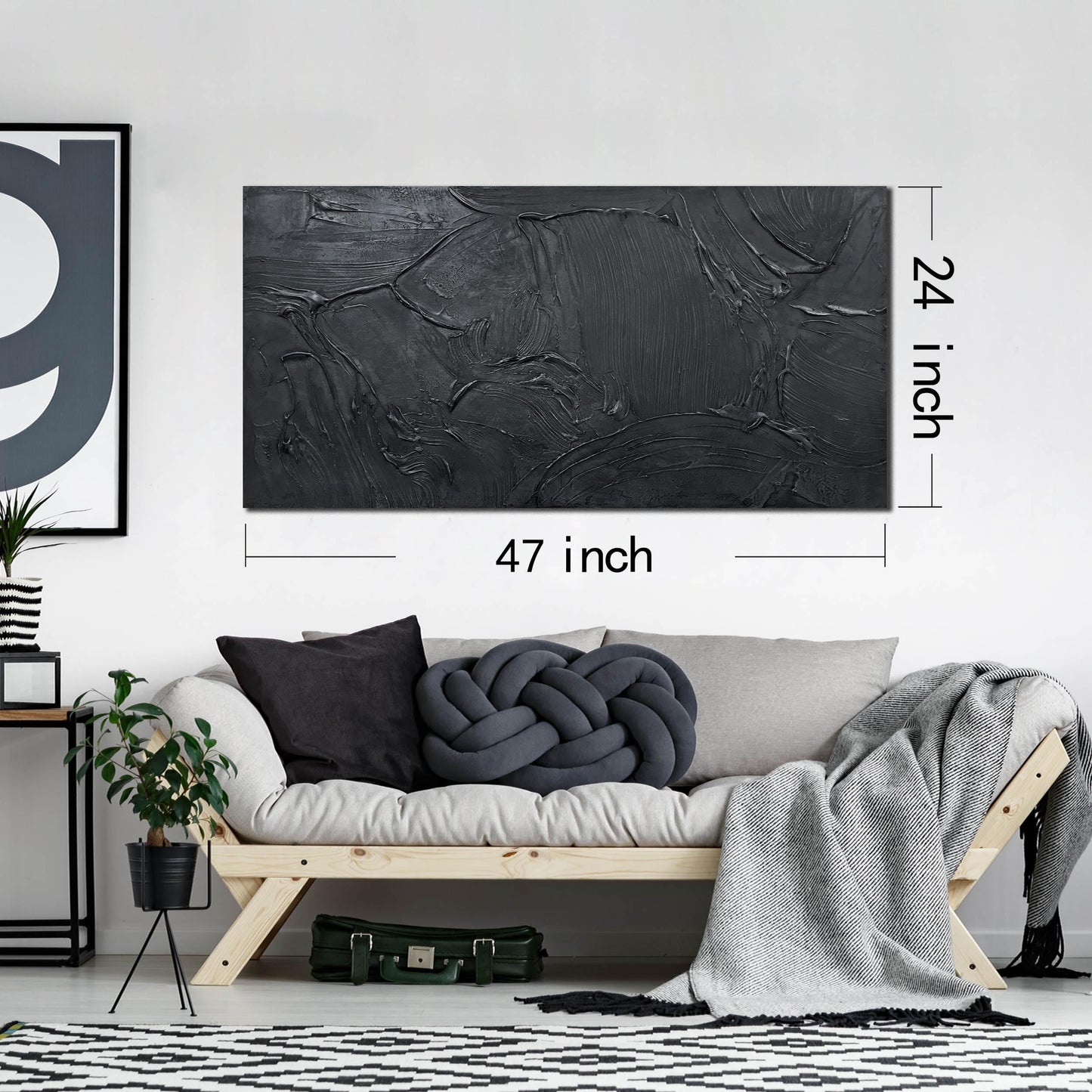 HUBOSKN Abstract Art Pictures for Wall in Living Room - Minimalist Wall Art for Teen Boys Bedroom - Black Hand Painted Wall Art for Office Size 24" x 47"