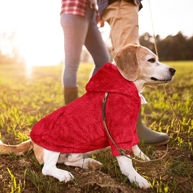 Dog Sweater,Dog Hoodies,Warm Fuzzy Fleece Sweatshirt with Hood & Pocket,Leash Hole,Cozy Cold Weather Pet Clothes Sweater for Small,Medium,and Large Dogs(Red,XL)