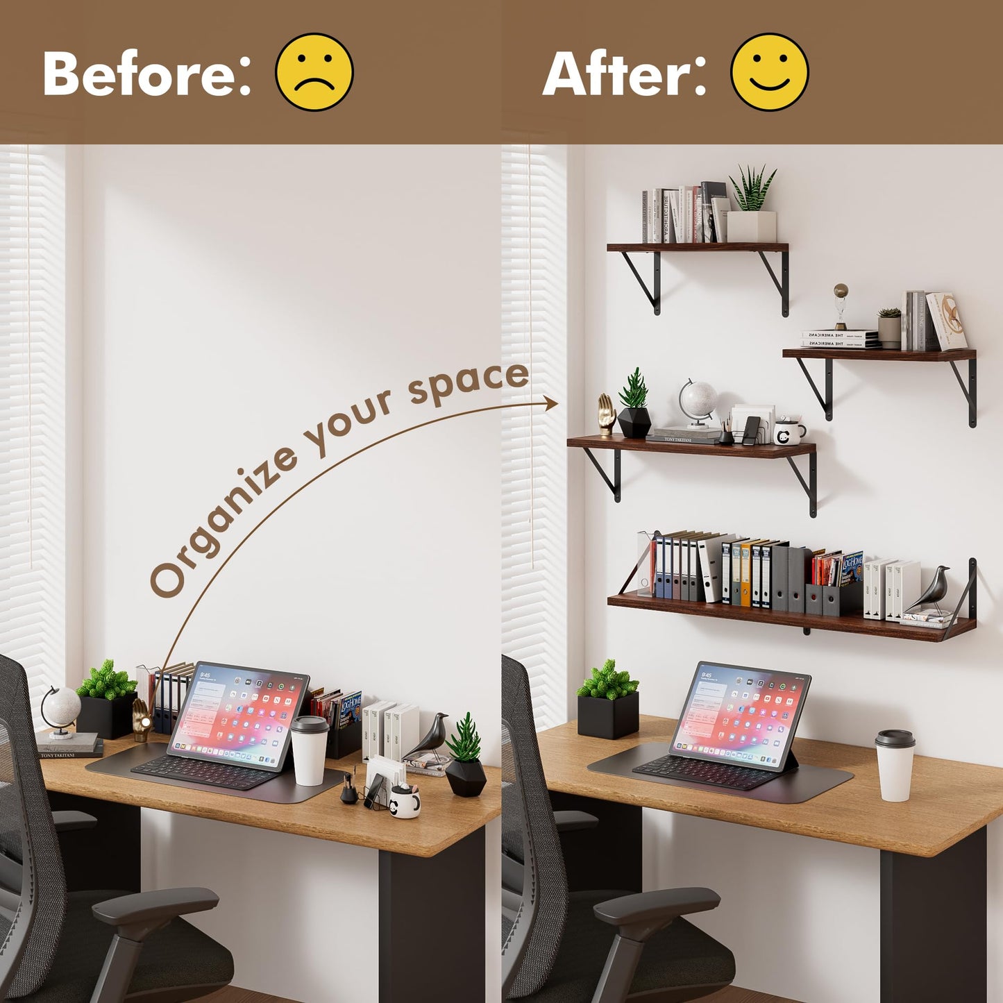 HausRegal Floating Shelves for Wall, 24W x 8D Wide Bookshelf with Brackets Set of 3, Wood Wall Mounted Shelves for Living Room, Kitchen, Bathroom, Bedroom and Decor Storage(Walnut)