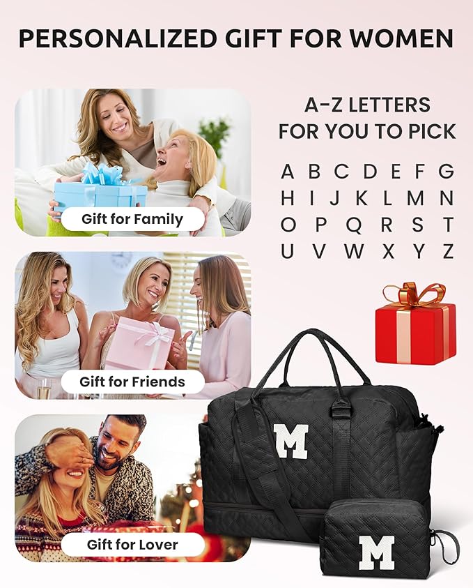 Vogewood Gifts for Granddaughter-Initial Duffle Bag with Shoe Compartment, Personalized Weekender Bag, Monogram Overnight Bag, Letter Travel Bag with Makeup Bag，Daughter Friend Gifts (Letter S)