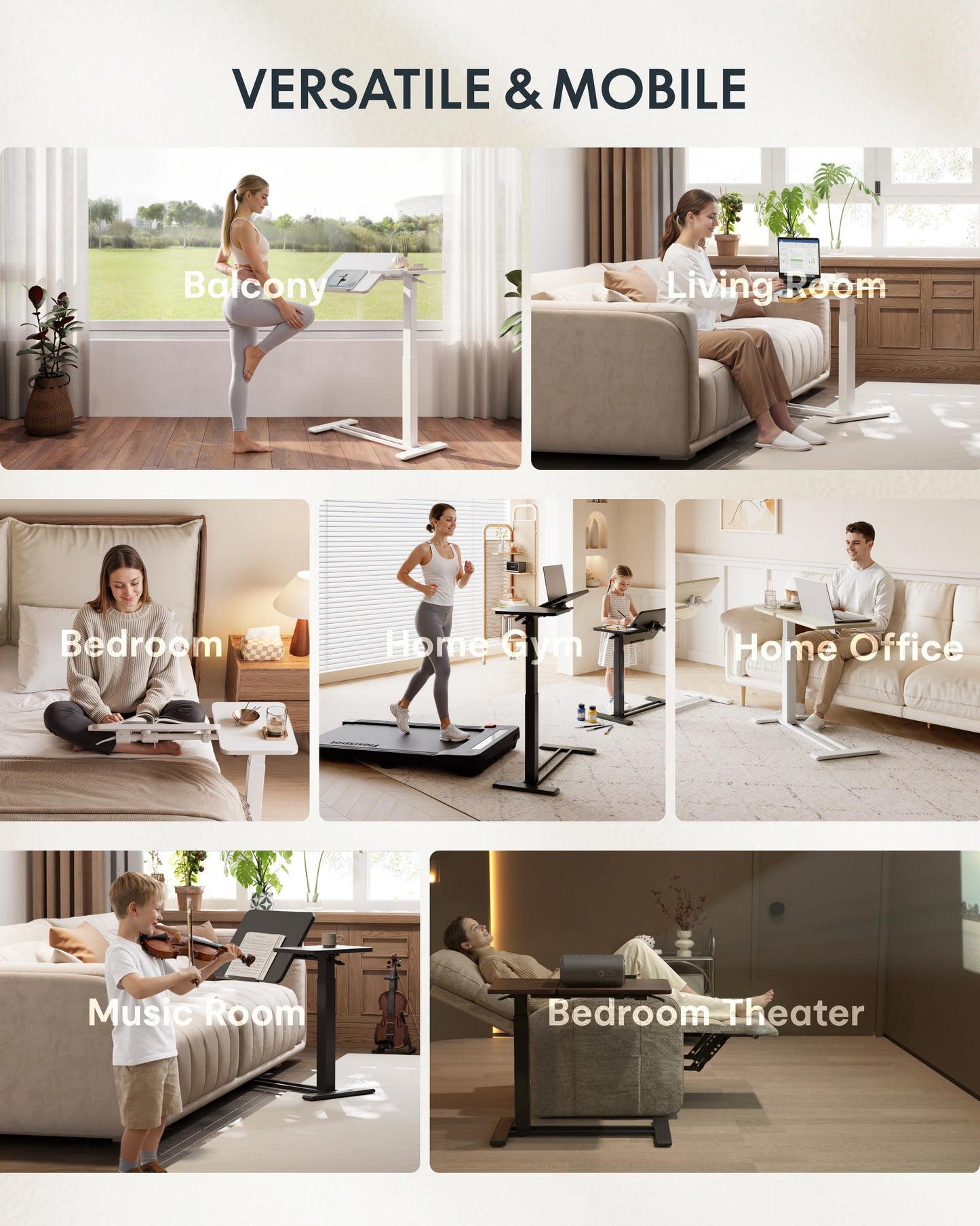 FLEXISPOT Adjustable Height C-Shaped End Table with Split Tilting Top – Mobile Side Table for Sofa & Bedside, Slides Under Furniture, Hidden Wheels for Small Spaces(31.6" W x 15.7" D,White)