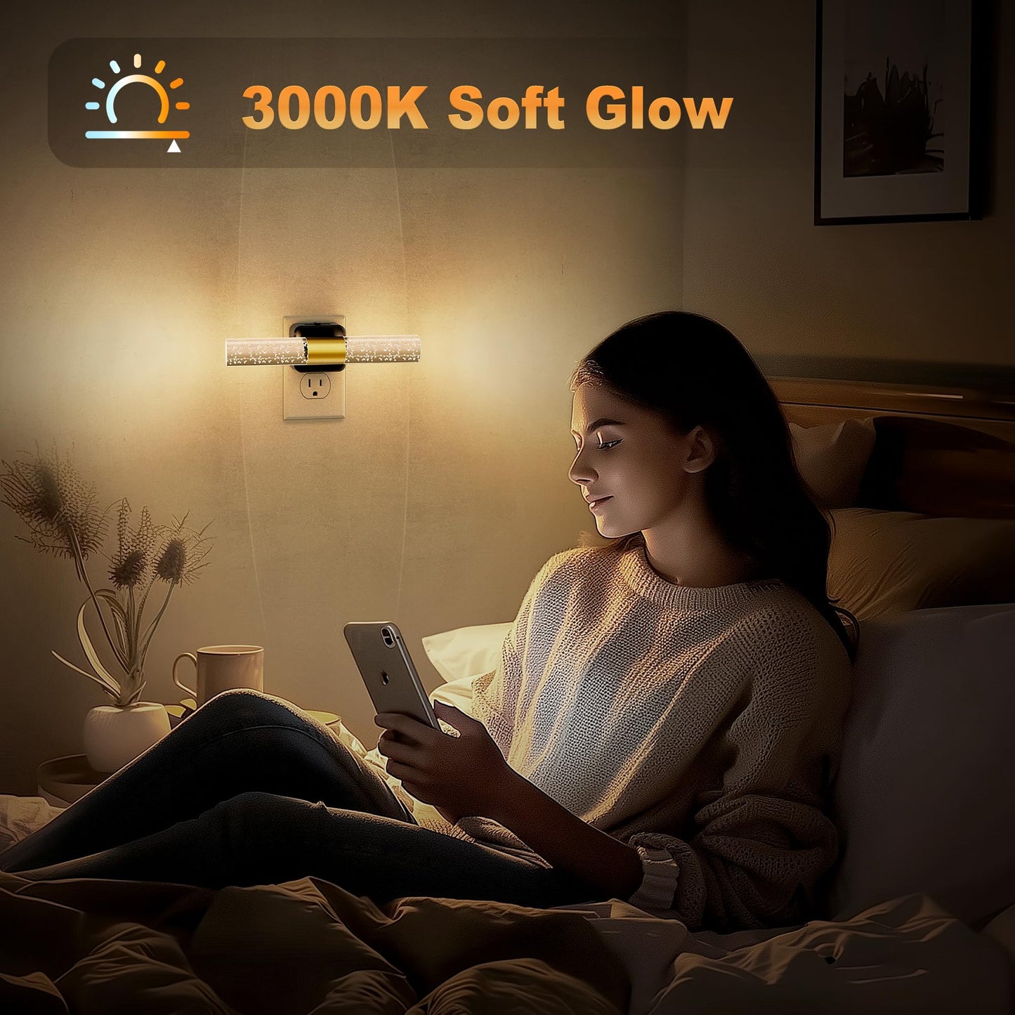 JandCase 180° Rotating Night Lights Plug into Wall, 2 Pack 3000K Soft Light LED NightLights, 0-100LM Adjustable Brightness, Plug in Night Light with Auto Light Sensor,for Bathroom,Hallway,Bedroom