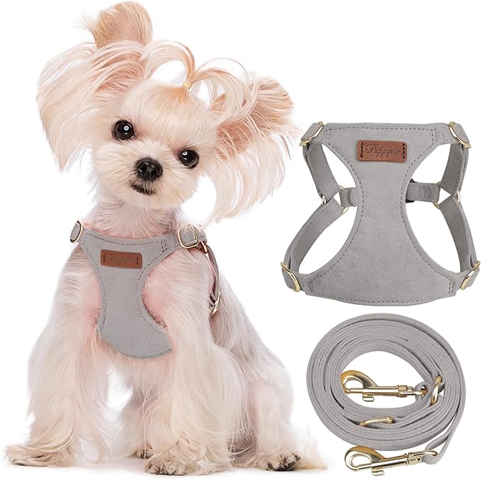 Puppytie No Pull XXS Puppy Harness with Multifunction Dog Leash,Soft Adjustable No Choke Escape Proof Pet Harness Vest,Silver Grey,XXS