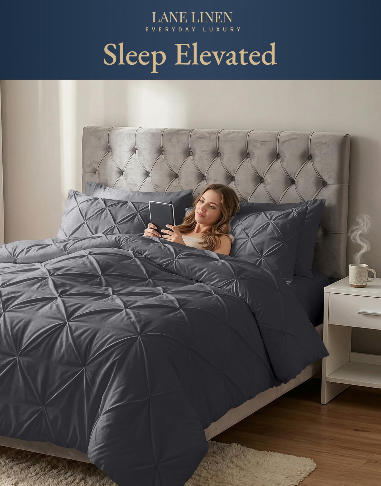 LANE LINEN Queen Comforter Set - 7 Pc Bed in a Bag, Ultra Smooth Microfiber All Season - Queen Comforter Set with Sheets, Pillowcases & Shams - Very Soft Bedding for Daily Sleep - Grey