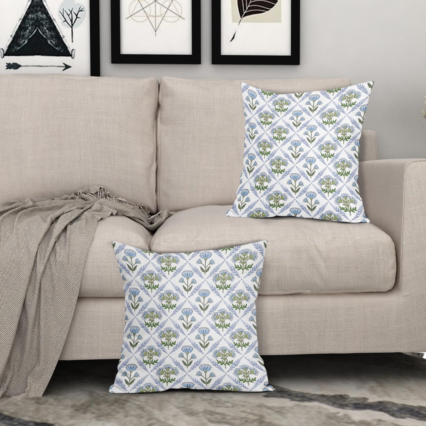 aportt Blue Green Block Print Pillow Covers 18X18 Inch Set of 2 Boho Flower Decorative Pillow Cases Spring Summer Rustic Cotton Linen Cushion Case Farmhouse Home Decor for Sofa Couch Living Room