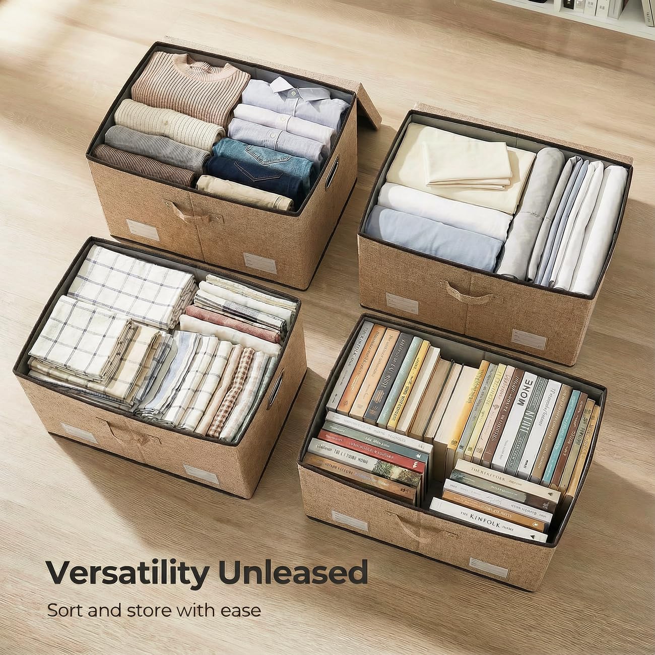 PRANDOM Storage Bins with Lids [3-Pack] Jute Fabric Foldable Storage Boxes Organizer Containers Baskets Cube with Cover for Home Bedroom Closet Office Nursery khaki（23.4X15.9X11.5