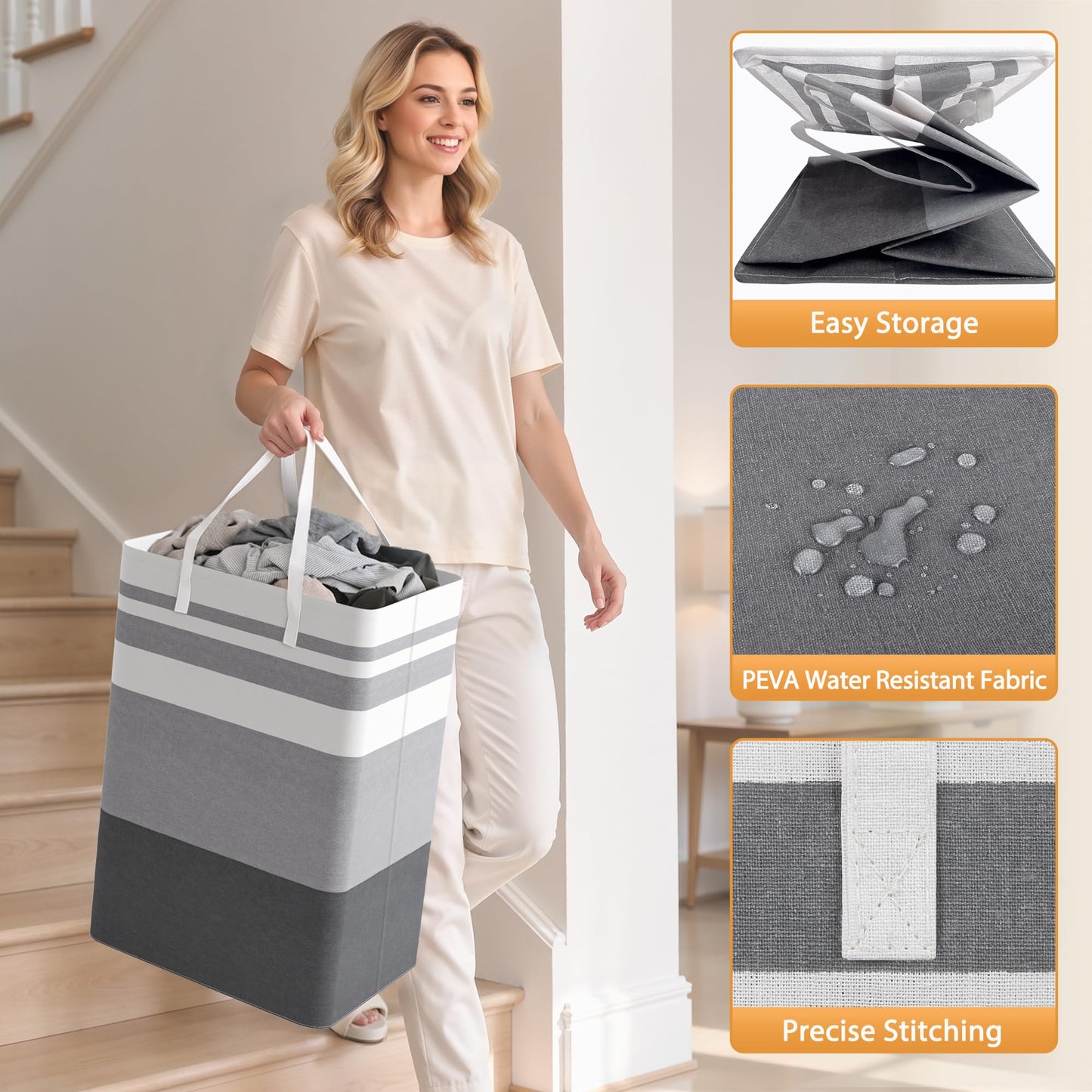 HomeHacks 2 Pack Large Laundry Baskets, Waterproof, Freestanding Laundry Hampers, Collapsible Clothes Hamper with Reinforced Handles in Laundry Room, College Dorm, Bathroom, Bedroom (Grey, 75Lx2)