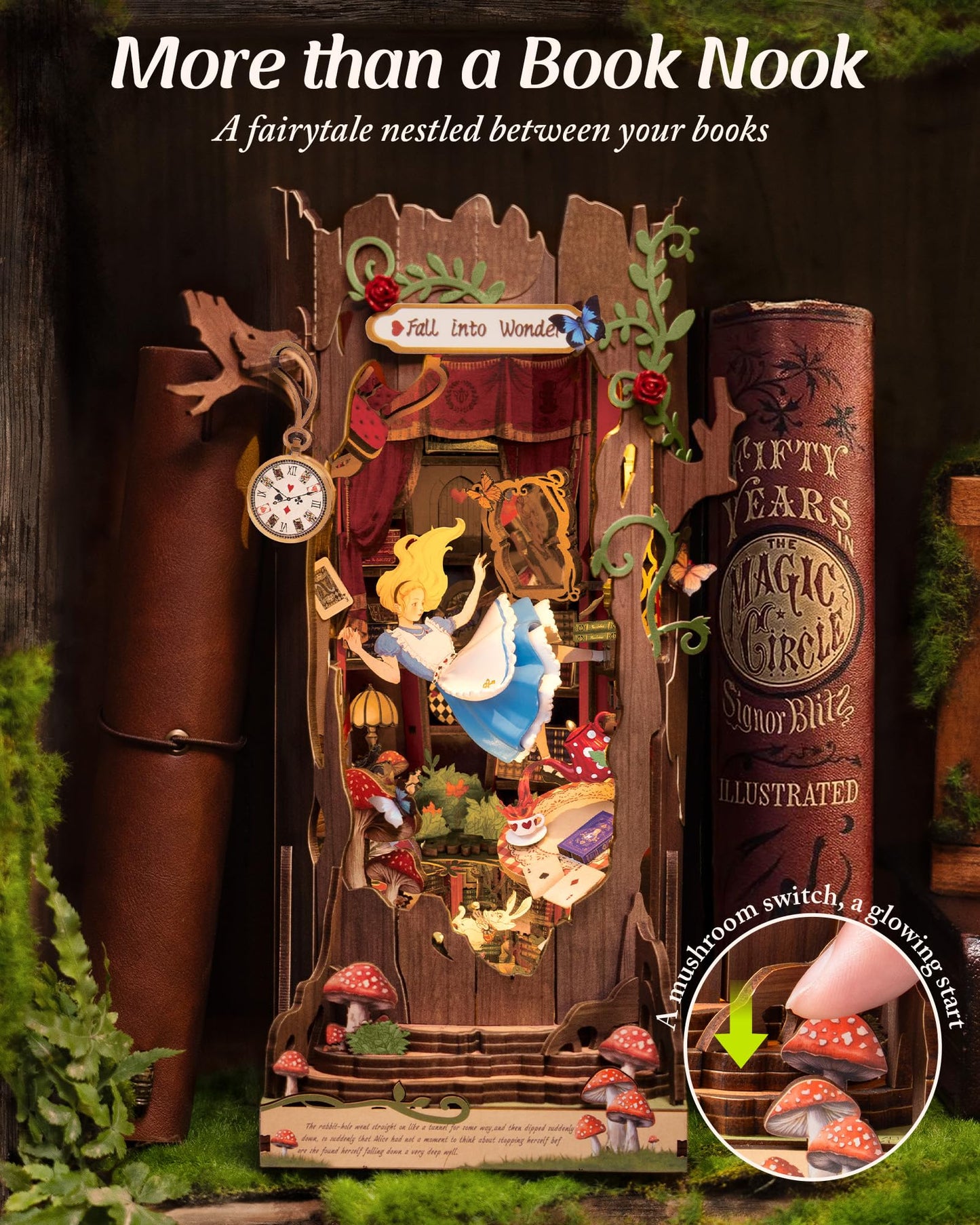 ROBOTIME Book Nook Kit, Fairy Tale Princess DIY Miniature House Kit, Fall into Wonder 3D Wooden Puzzle Bookends, Tiny House Bookshelf Decor Creative Decorative Unique Gifts for Adults & Teens