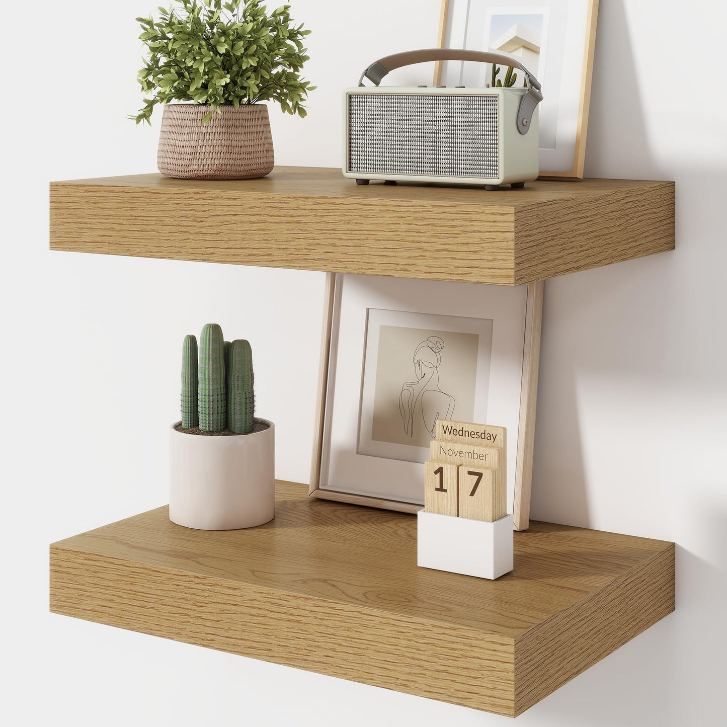 FLYJOE 20 Inch Floating Shelves, 12 Inch Deep Floating Shelves Set of 2, 20''W x 12''D Oak Shelves for Wall, Bathroom Available, Engineered Wood, Mounting Hardware Included