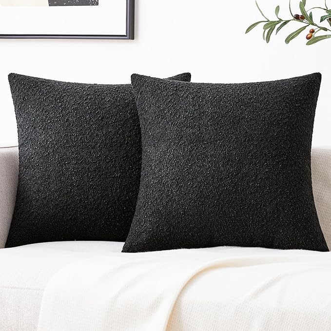 Mixhug Decorative Boucle Throw Pillow Covers, Black, 20 x 20 Inches, Pack of 2 - Textured Boho Pillow Covers for Couch and Bed