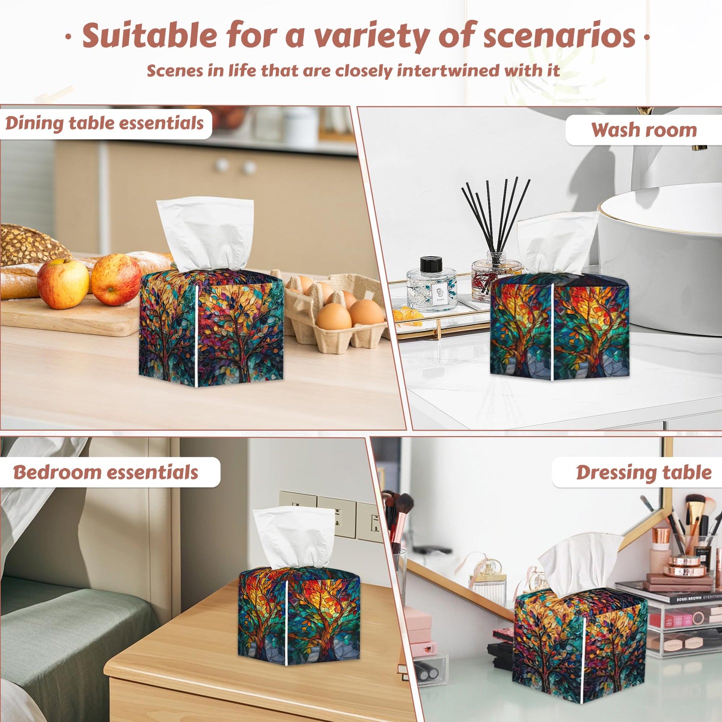 2 Pcs Tree of Life Tissue Box Cover Leather Tissue Box Holder Square Facial Paper Organizer Dispenser for Bedroom Dresser Night Stand Office Desk
