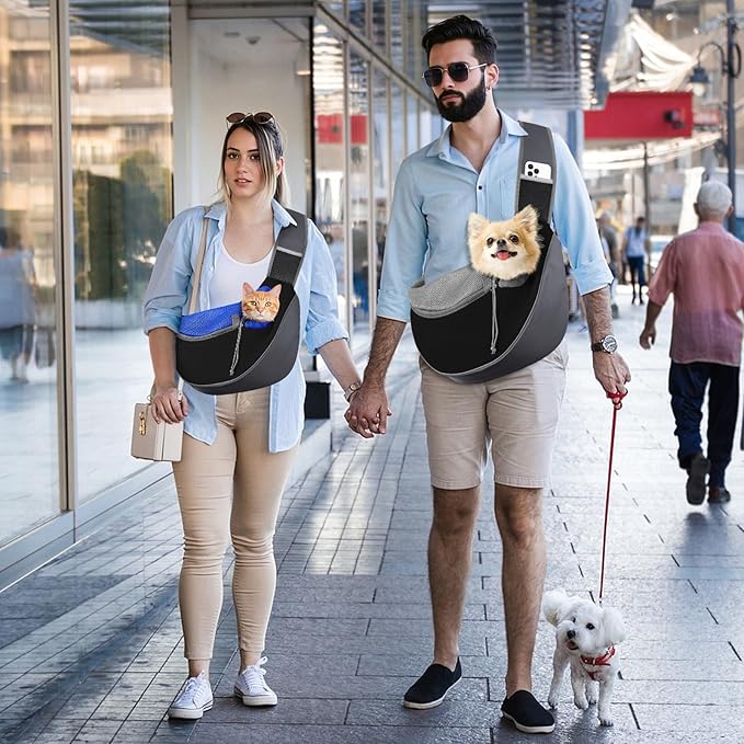 Pawaboo Dog Sling Carrier, Hand Free Breathable Mesh Bag for Puppy Cat, Drawstring Dog Papoose with Adjustable Strap and Pocket, Crossbody Satchel Dogs Purse for Outdoor Travel, S, Indigo