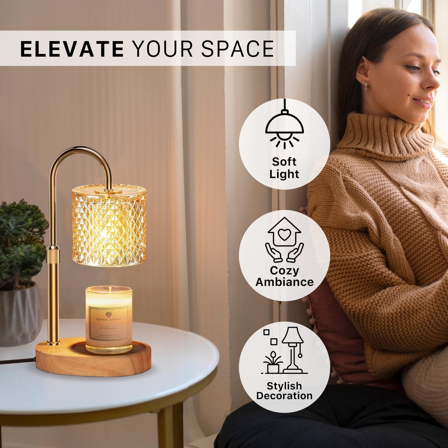361 Candle Warmer Lamp - Height-Adjustable Wax Melting Warmer Lamp with Timer, Birthday Gifts for Women, 2 Bulb, Ideal for Jar Scented Candles (Golden)