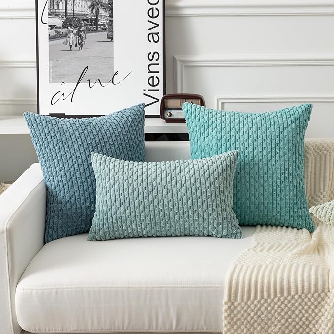 Kevin Textile Throw Pillow Covers Soft Corduroy Decorative Set of 2 Boho Striped Pillow Covers Pillowcases Farmhouse Home Decor for Couch Bed Sofa Living Room 18x18 Inch Dusty Green