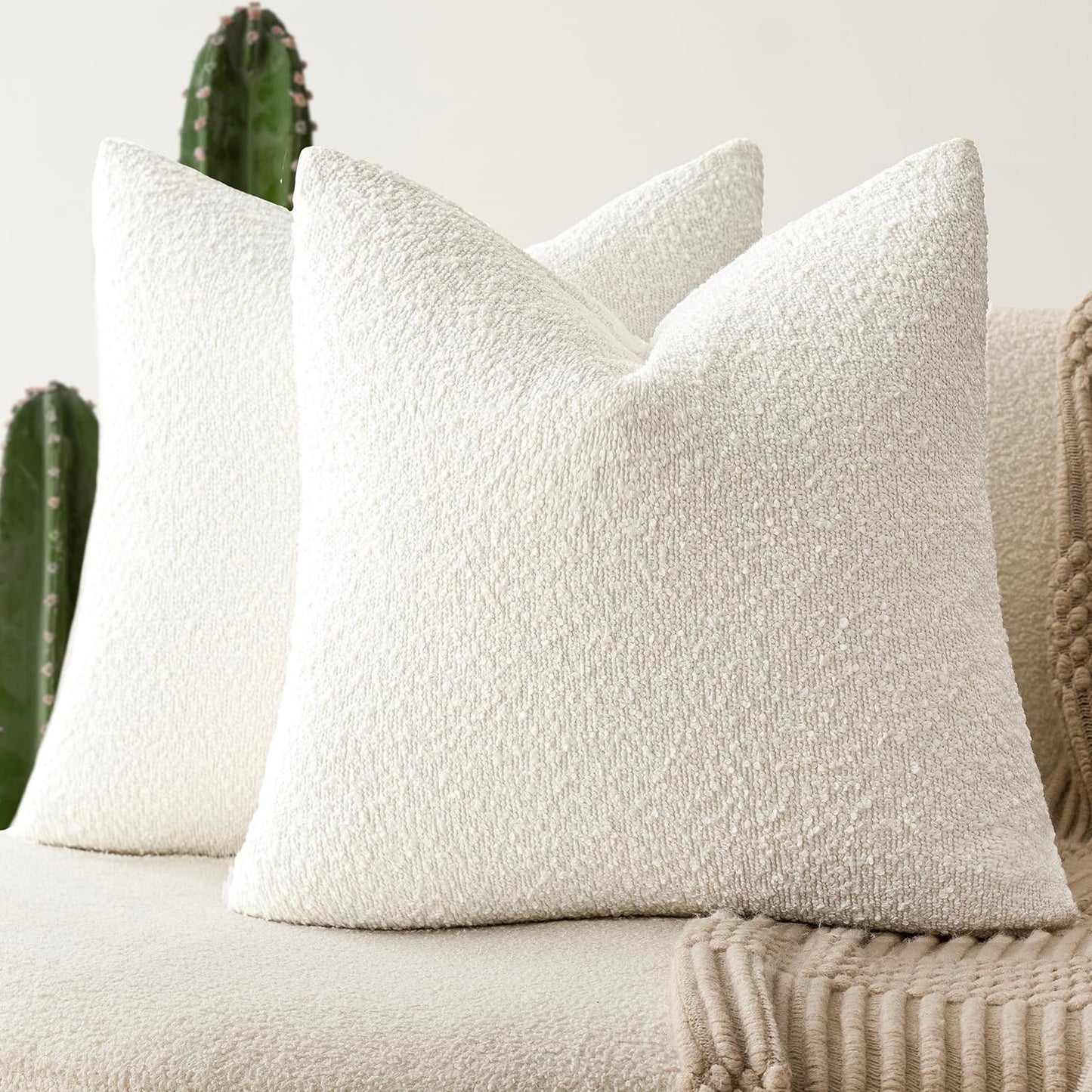 Foindtower Set of 2, Decorative Textured Boucle Throw Pillow Covers Accent Solid Pillow Cases Neutral Soft Cozy Couch Cushion Case for Chair Sofa Bedroom Living Room Home Decor 24 x 24 Inch White