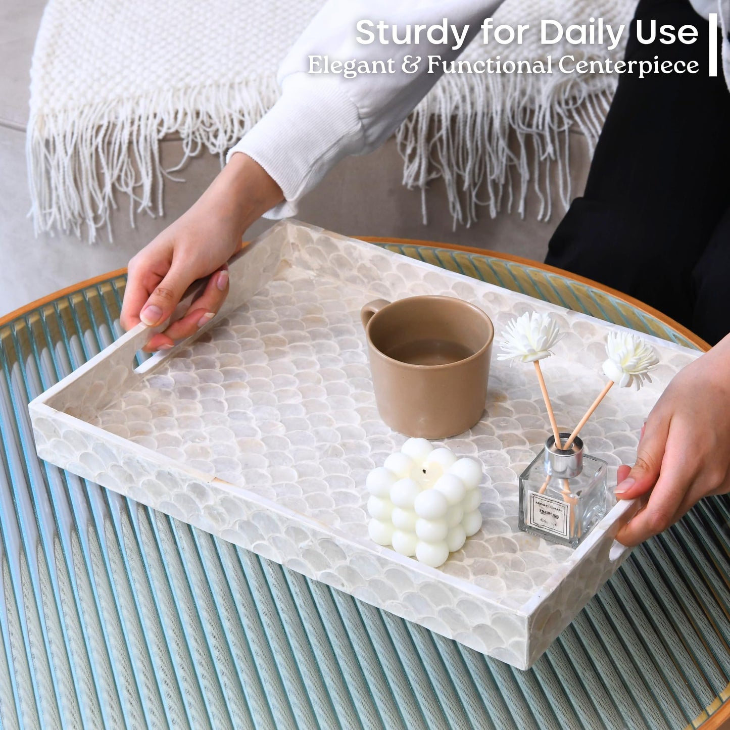 CHI AN HOME Capiz Decorative Tray 15.8” x 11.8” x 1.8" Rectangular Tray, Natural Handmade Serving Tray with Handles for Coffee Tables, Ottoman, Vanity, Kitchen, Coastal Boho Home Decor, White