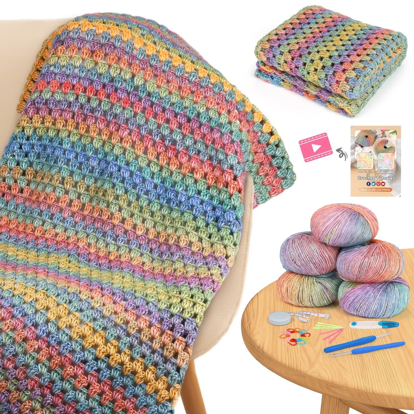 Aeelike Blanket Crochet Kit for Beginners, Super Easy Crochet Blanket Kit with Soft & Colorful Gradient Yarns Detailed Video Tutorials Crocheting Accessories, Rainbow Gradient & Ideal Gift