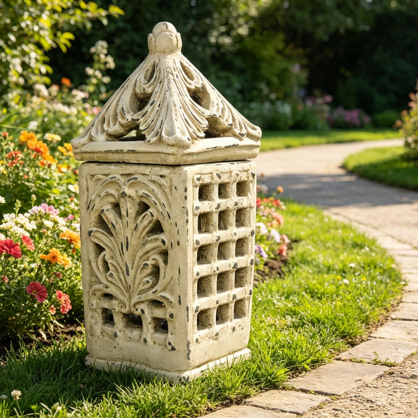 French Country Candle Lantern 15”H Grid-Carved Distressed White Decor Gift