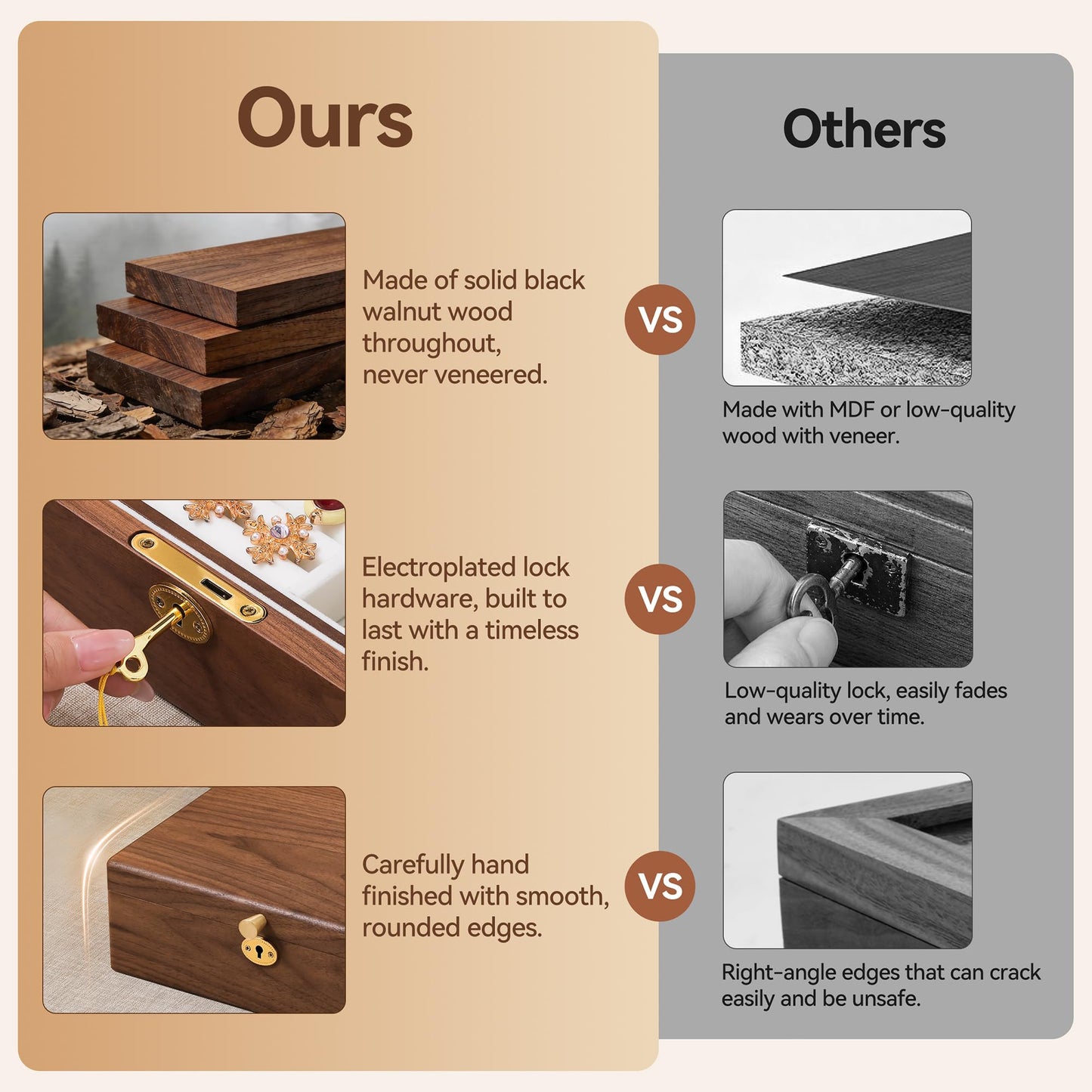 Black Walnut Wooden Jewelry Box with Lock, 2 Layer Natural Solid Wood Jewelry Organizer with Removable Tray, Velvet Lined Storage for Necklace Ring Earrings Watch Bracelet, Gifts for Mom Women Girl