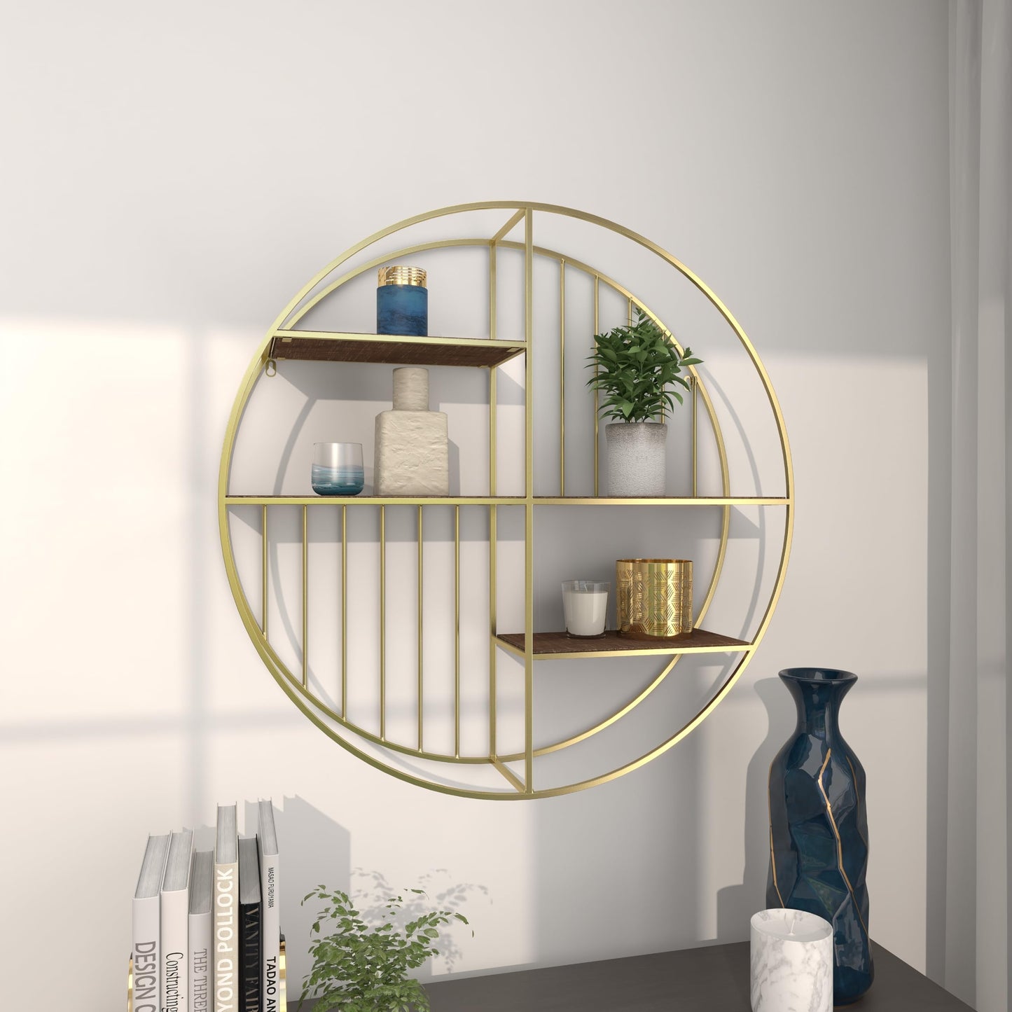 Deco 79 Metal Geometric Wall Shelf Circle with 3 Wood Shelves and Linear Rods, 28" x 7" x 28", Gold