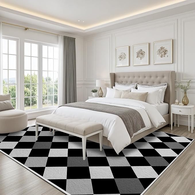 Black and White Rug 3x5, Rhombus Geometric Soft Ultra Soft Faux Wool Low Pile Rug, Indoor Floor Mats Carpet, Non-Slip Stain Resistant Washable Rugs, Modern Abstract Checkered Rugs for Living Room