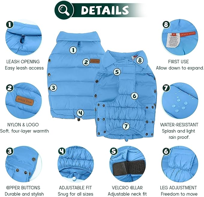 SPACE LION Dog Puffer Jacket, Down Winter Coat, Durable Outdoor Coat for Cold and Windy Conditions, Lightweight & Adjustable Fit Coats for Large Dogs, (Blue, Size24/2XL)