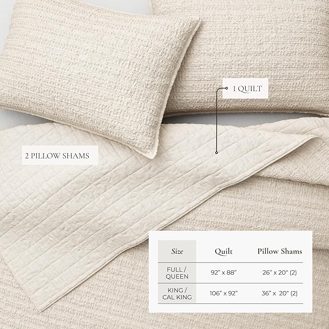 Great Bay Home King Size Taupe 100% Cotton Honeycomb Waffle Quilt and Sham Set - Garment Washed, Waffle Weave Like Texture, Lightweight 3-Piece Bedding Set (Natural)