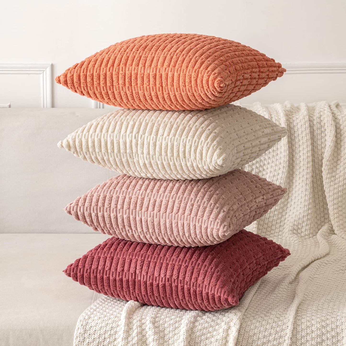 MIULEE Pack of 2 Corduroy Decorative Throw Pillow Covers 20x20 Inch Soft Boho Striped Pillow Covers Modern Farmhouse Home Decor for Summer Sofa Living Room Couch Bed Coral