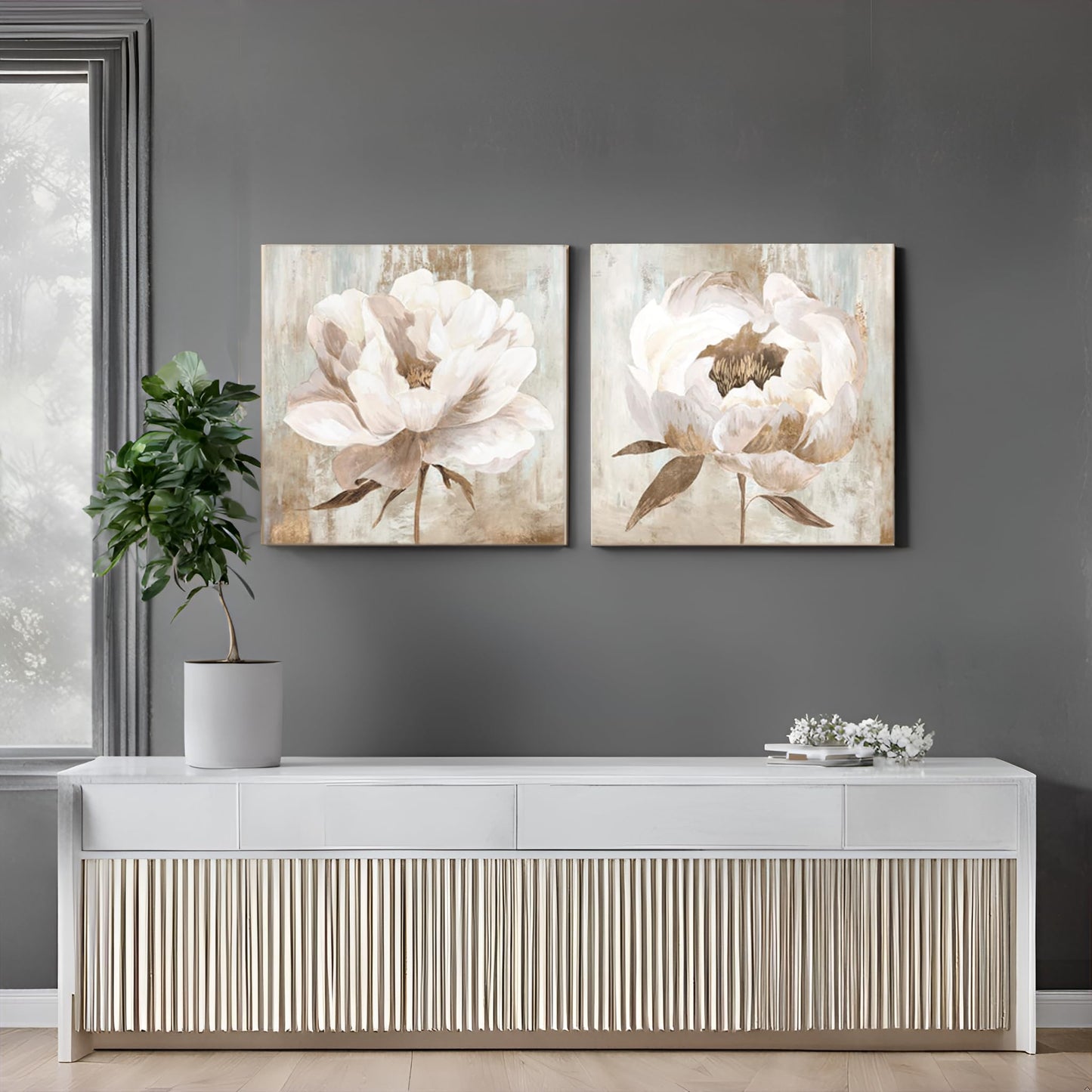 7CANVAS Beige Flower Wall Art White Floral Blooming Canvas Print Modern Botanic Wall Pictures for Livingroom Above Bed Sofa Home Decoration 24x24Inchx2pcs