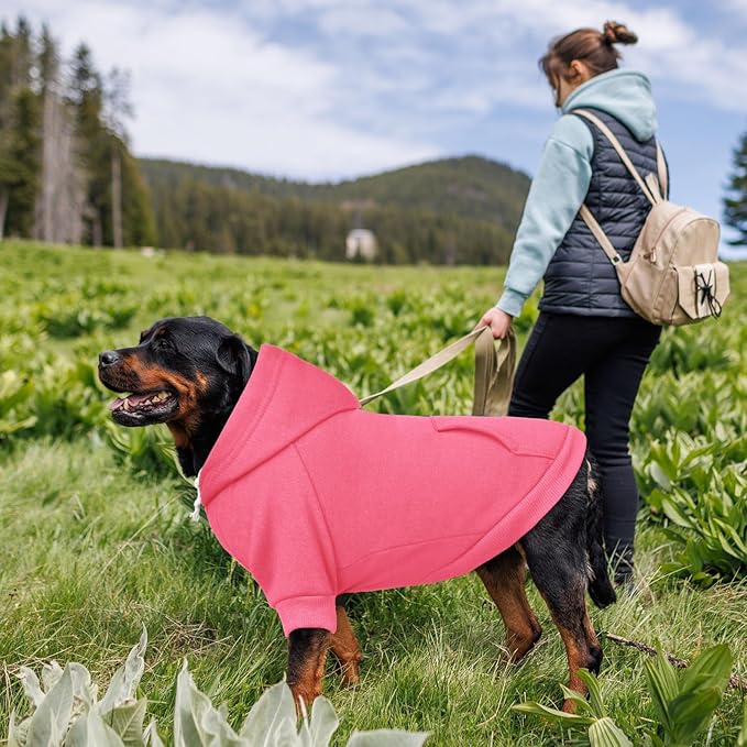 Dog Sweaters,Dog Hoodie,Cozy Fleece Interior Sweatshirt with Hood & Pocket,Leash Hole,Pet Clothes Sweater for Small,Medium,and Large Dogs,Pink&XL