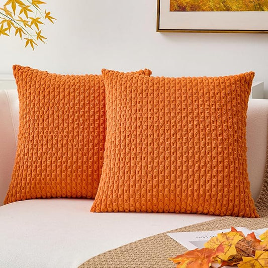 Kevin Textile Fall 2 Packs Decorative Throw Pillow Covers 20x20 Inch for Couch Bed Sofa Modern Farmhouse Boho Home Decor Soft Cute Plush Corduroy Cushion Case Orange 50x50 CM