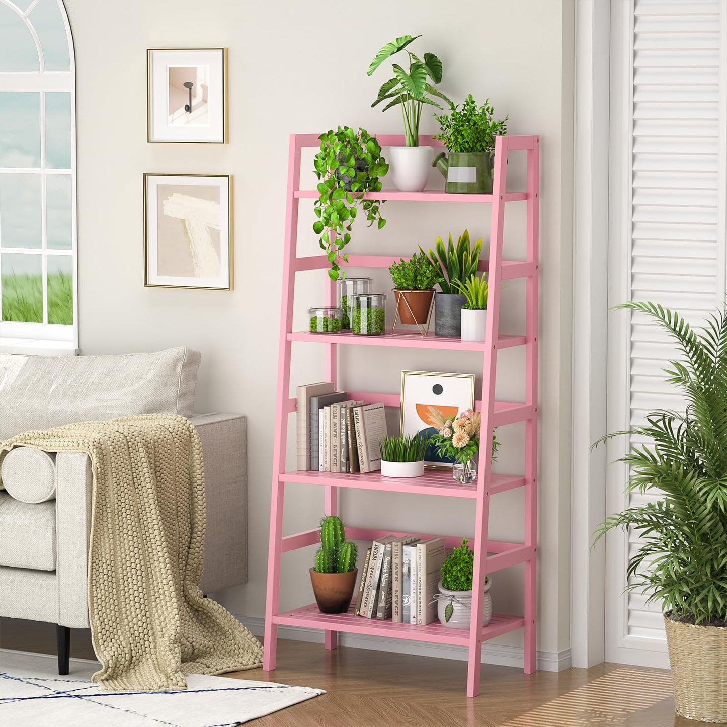 Homykic Bamboo Ladder Bookshelf, 4-Tier Ladder Shelf Open Book Shelf Freestanding Bookcase Bathroom Storage Rack Plant Stand for Living Room, Bedroom, Office, Easy Assembly, Pink