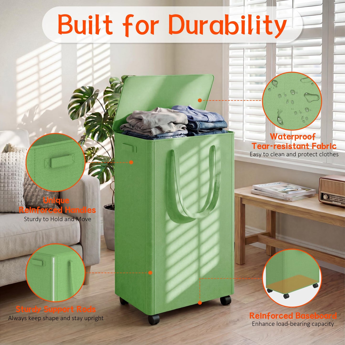 Slim Laundry Hamper with Wheels,20 Gal (75L) Rolling Laundry Basket with lid and wheels Clothes Hamper Foldable Tall Dirty Clothes Basket Sturdy Collapsible Clothes Hamper for Dorm,Laundry Room