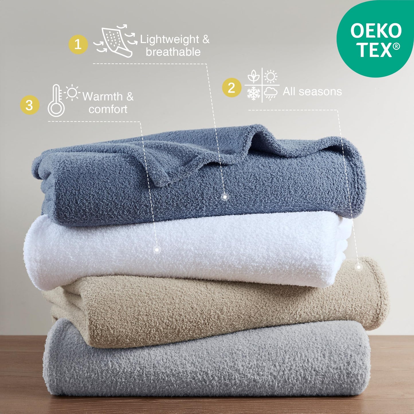 Madison Park Fuzzy Knit Blanket Dream Soft Blanket Cozy Breathable Cover Luxrurious Feathersoft Feel, All Seasons Lightweight Bedding for Summer Cover for Bed, Couch & Sofa, Full/Queen, White