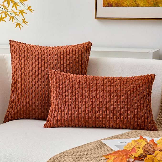 Kevin Textile Fall Throw Pillow Covers Soft Corduroy Decorative Set of 2 Boho Striped Pillow Covers Pillowcases Farmhouse Home Decor for Couch Bed Sofa Living Room 20x20 Inch Rust Brown