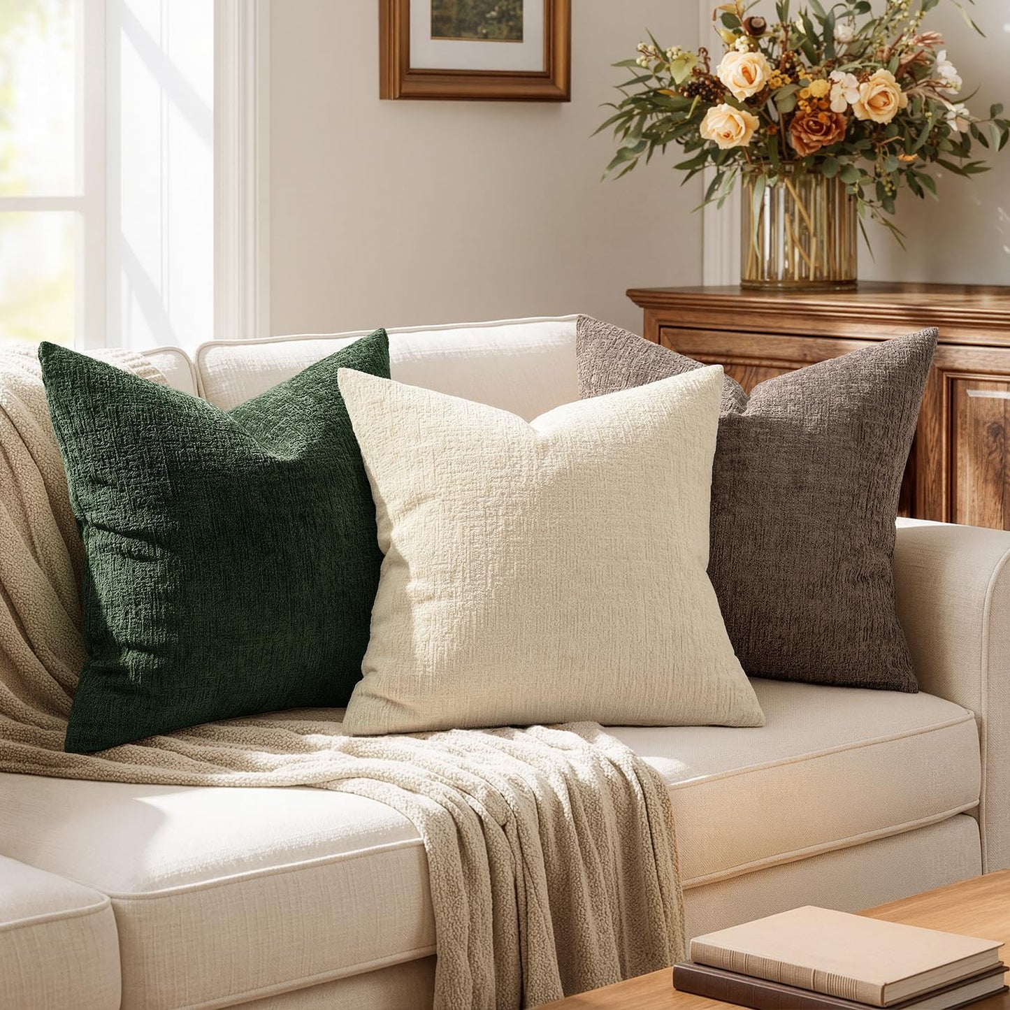MIULEE Decorative Throw Pillow Covers 18x18 Pack of 2 Beige Couch Pillow Covers Soft Cozy Textured Chenille Pillowcases for Home Decor Sofa Living Room Cushion Bedroom