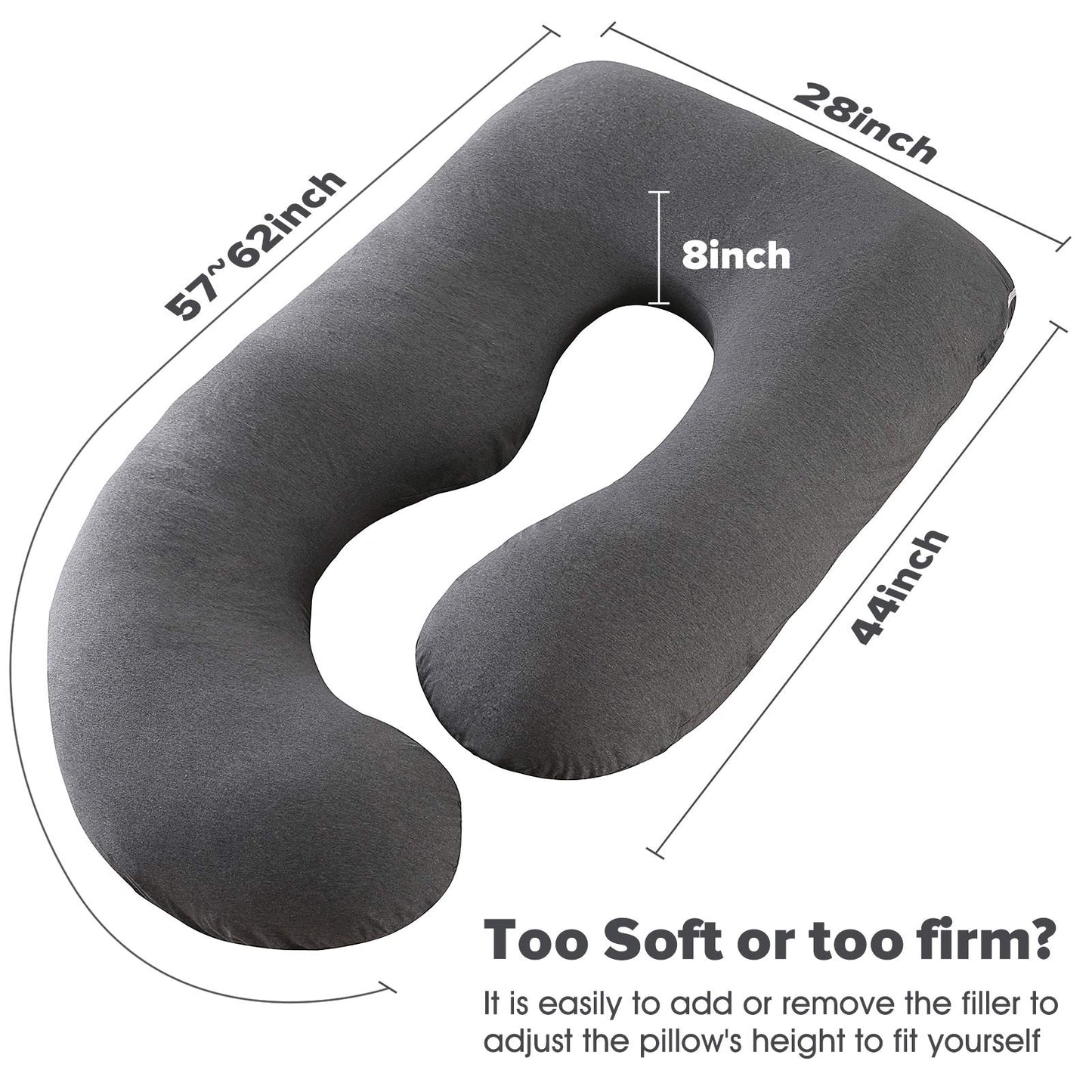 U-Shaped Full Body Pregnancy Pillow for Sleeping – 57" Maternity Pillow with Removable Cover, Support for Back, Legs, Belly & Hips (Jersey-Dark Grey)
