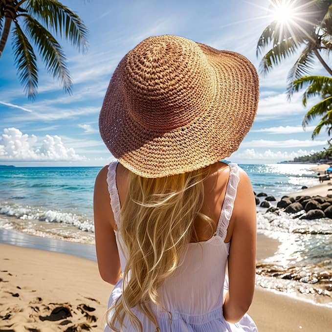 Floppy Big Beach Straw Hats for Women Foldable Summer Wide Brim Packable Sun Hat Womens Travel Straw Fedora Hat
