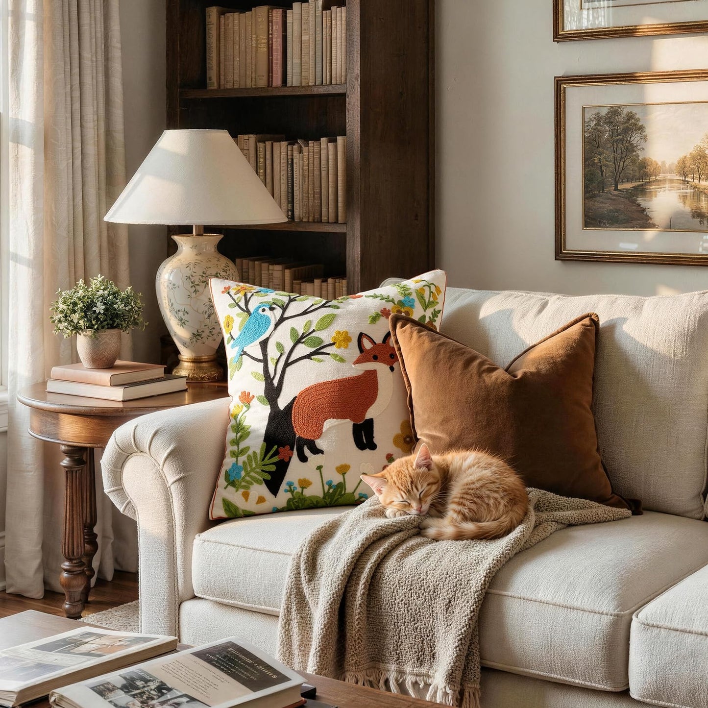 GIGIZAZA Decorative Pillow Covers 18x18 - Throw Pillow Textured Linen Covers for Couch Living Room Decor Cute Animal Patterned Cushion Covers Bed Embroidered Spring Pillowcases Pack of 1
