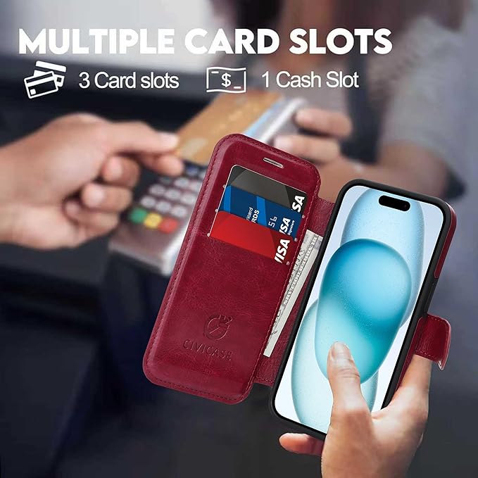 CIVICASE for iPhone 13 Pro Max Wallet Case with Stand,PU Leather Flip Credit Card Holder Slots (RFID Blocking),Compatible with Magsafe Magnetic Holder Phone Cover Women Men,Wine Red