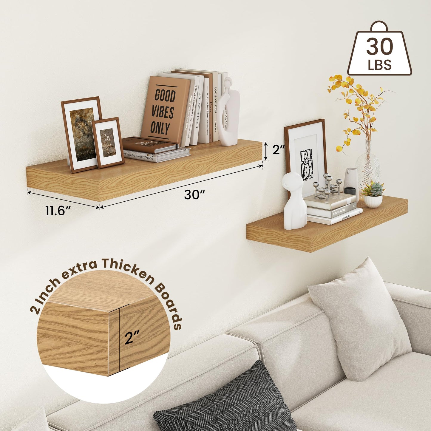 FLYJOE 30 Inch Floating Shelves | 12 Inch Deep Oak Floating Shelves Set of 2 | 30" W x 12" D Rustic Wood Shelves for Wall | Deep Oak Shelves for Living Room Bathroom Laundry Room Kitchen