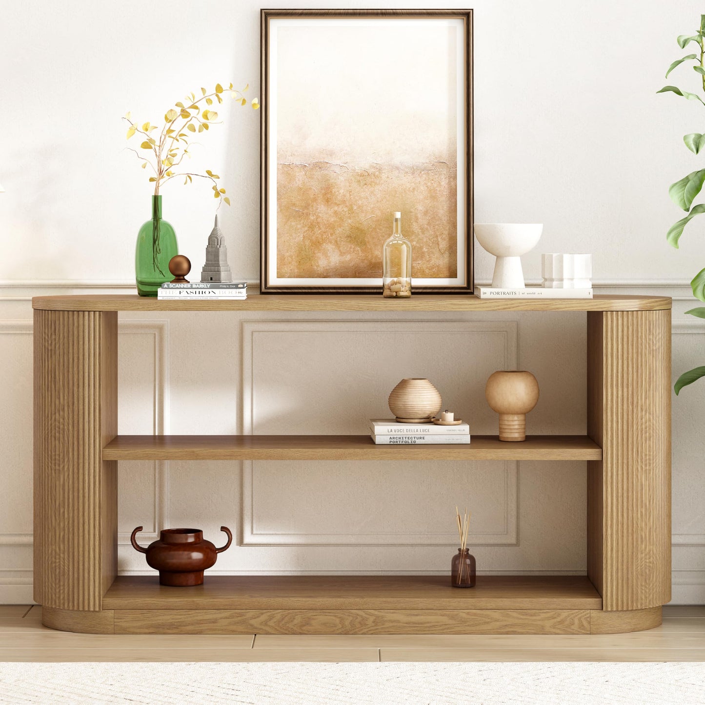 Christopher Knight Home Mirod Sofa Table with 3-Tier Open Shelves, Entryway Console Table, Narrow Wooden Couch Tables, Wide Space to Display, Spacious Storage Shelf for Living Room Hallway, 58"Natural