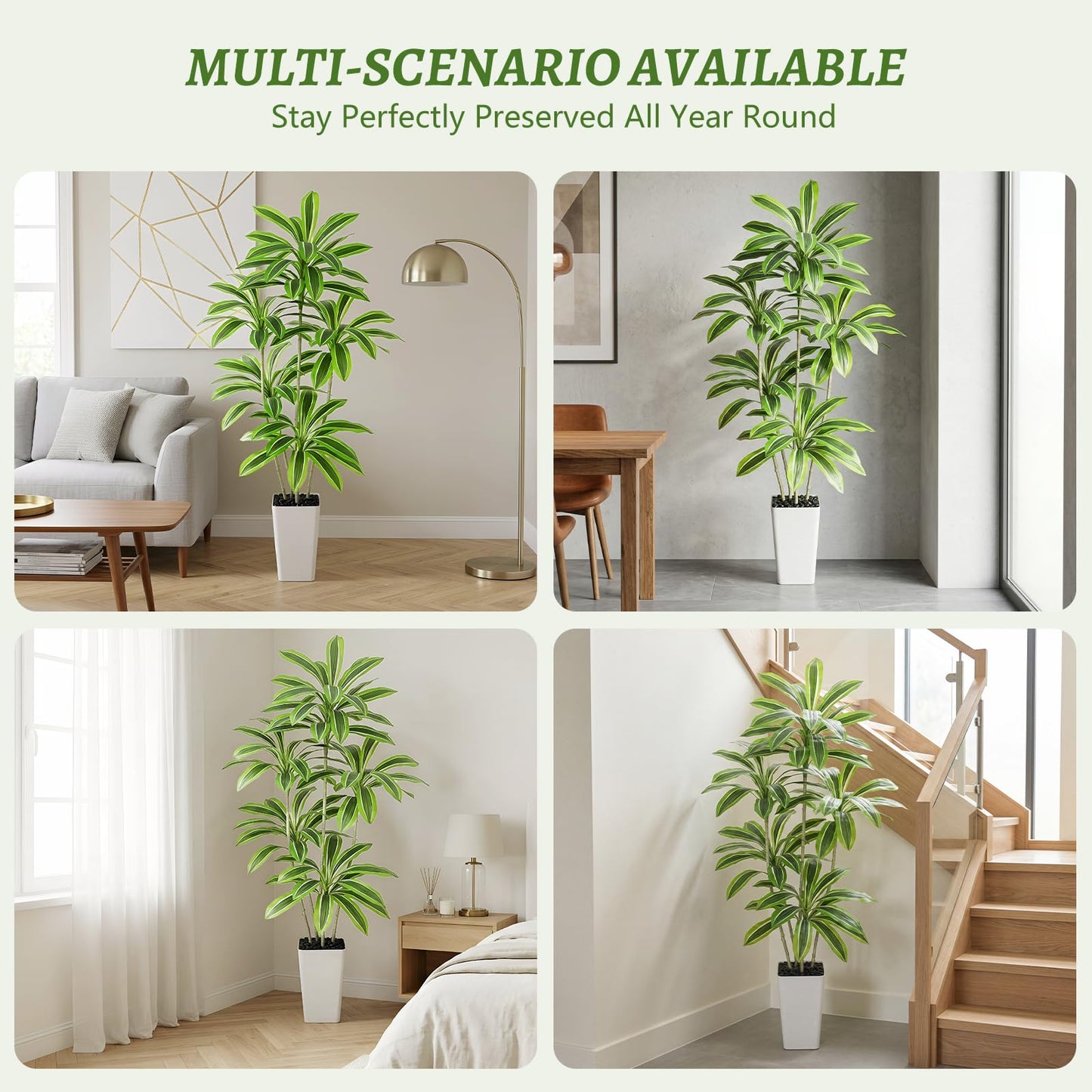 Artificial Yellow Dracaena Tree, 6FT Artificial Plants Indoor with White Tall Planter, Faux Yucca Silk Tree Fake Tropical Floor Plant in Pot, Fake Plants for Home Room Office Entryway Porch Decor
