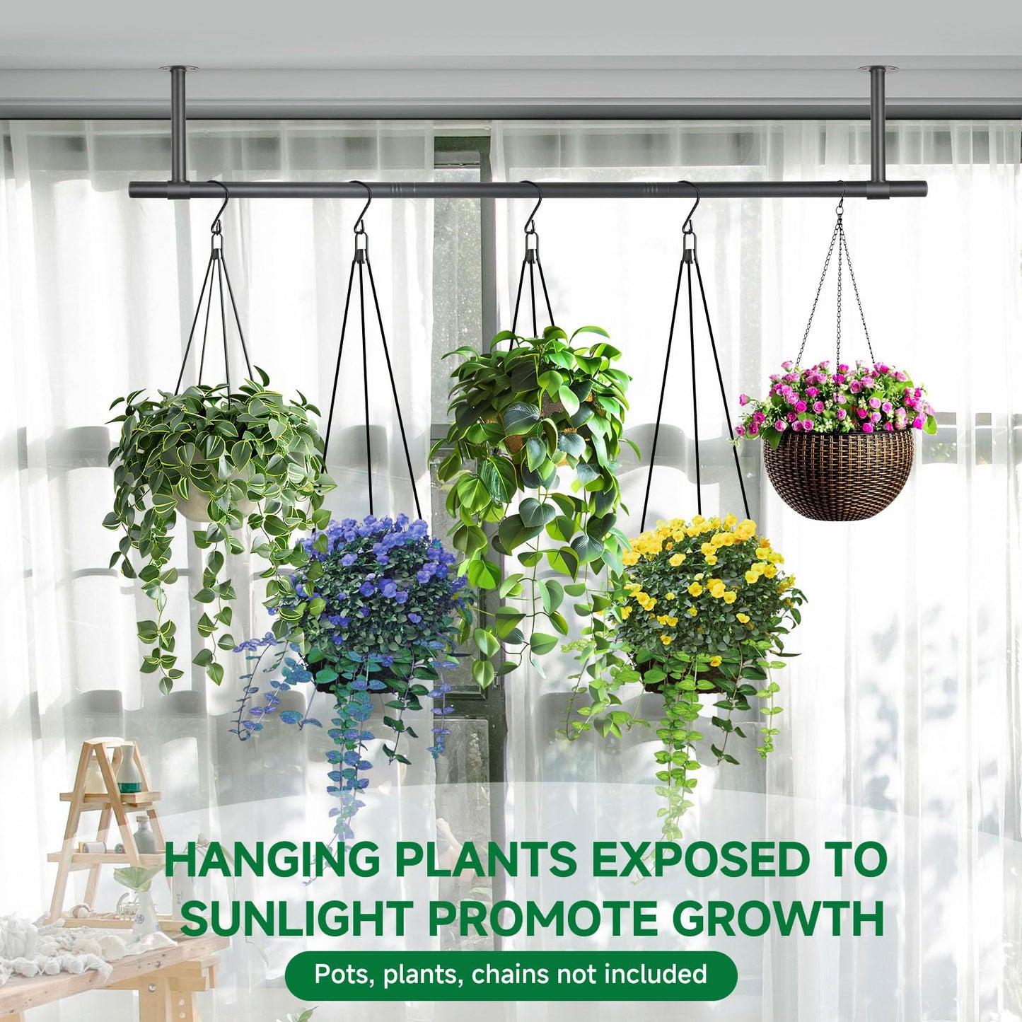 Uoveya 2 pcs Hanging Planters Rod – Plant Hanger Indoor for Window Ceiling, Hanging Plant Shelf for Wall Planter House Plants, Plant Shelves Metal Holder Bar 47.5In (Pots, Plants, Chains not Included)