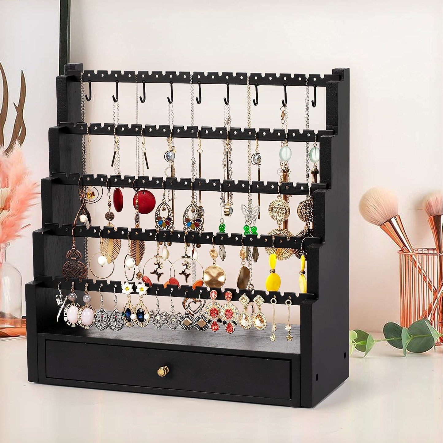 Pinzoveco Earring Organizer, 5 Layer Earring Holder Organizer with Metal Necklace Holder Pole, Rustic Wood Jewelry Organizer Stand Display for Stud Earring Bracelet Necklace Ring, 175 Earring Holes