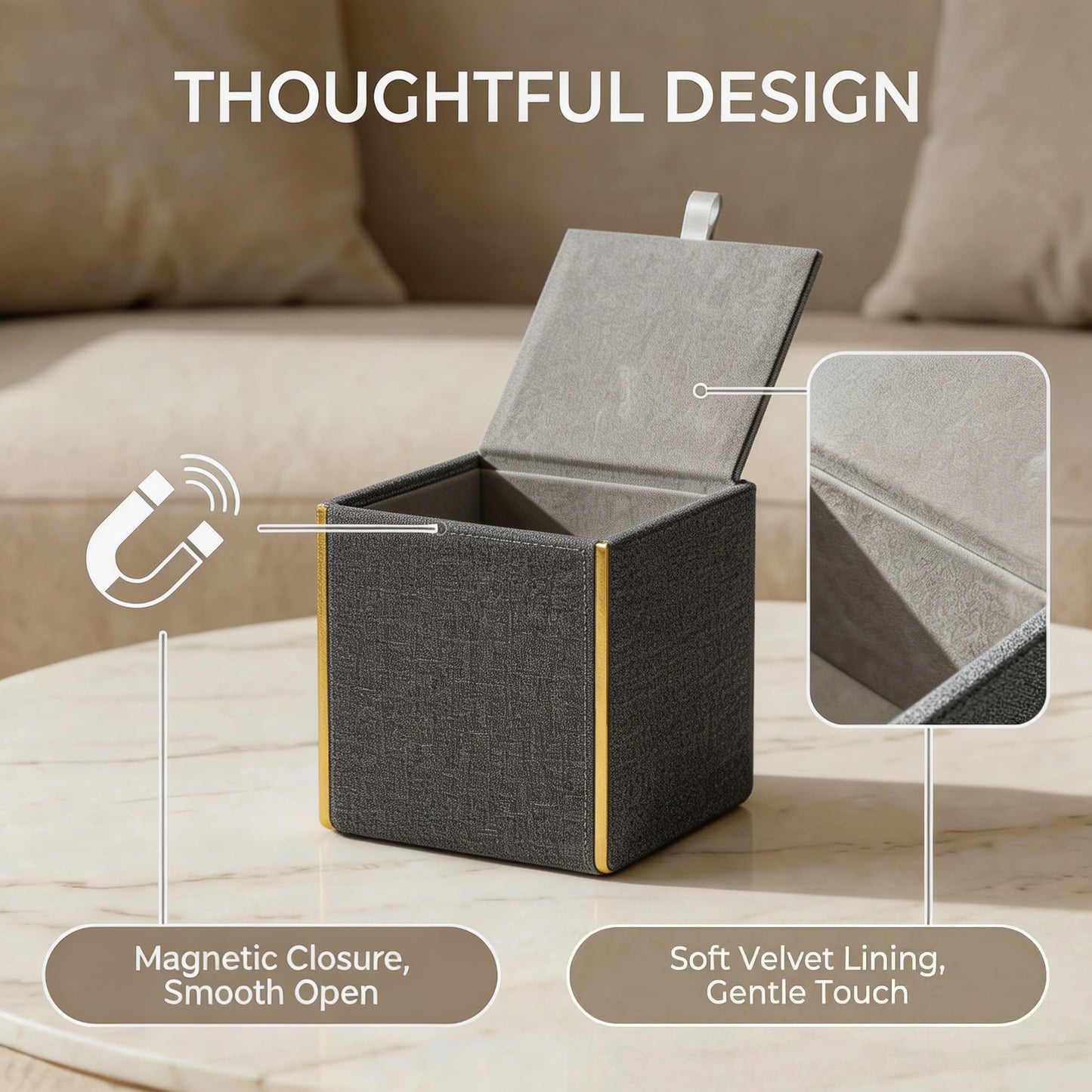 Xonusin PU Leather Square Tissue Box Cover, Linen Tissue Box Holder with Magnetic Closure, Decorative Modern Cube Tissue Box for Bathroom Vanity Countertop Bedroom Office Desk (Gray)