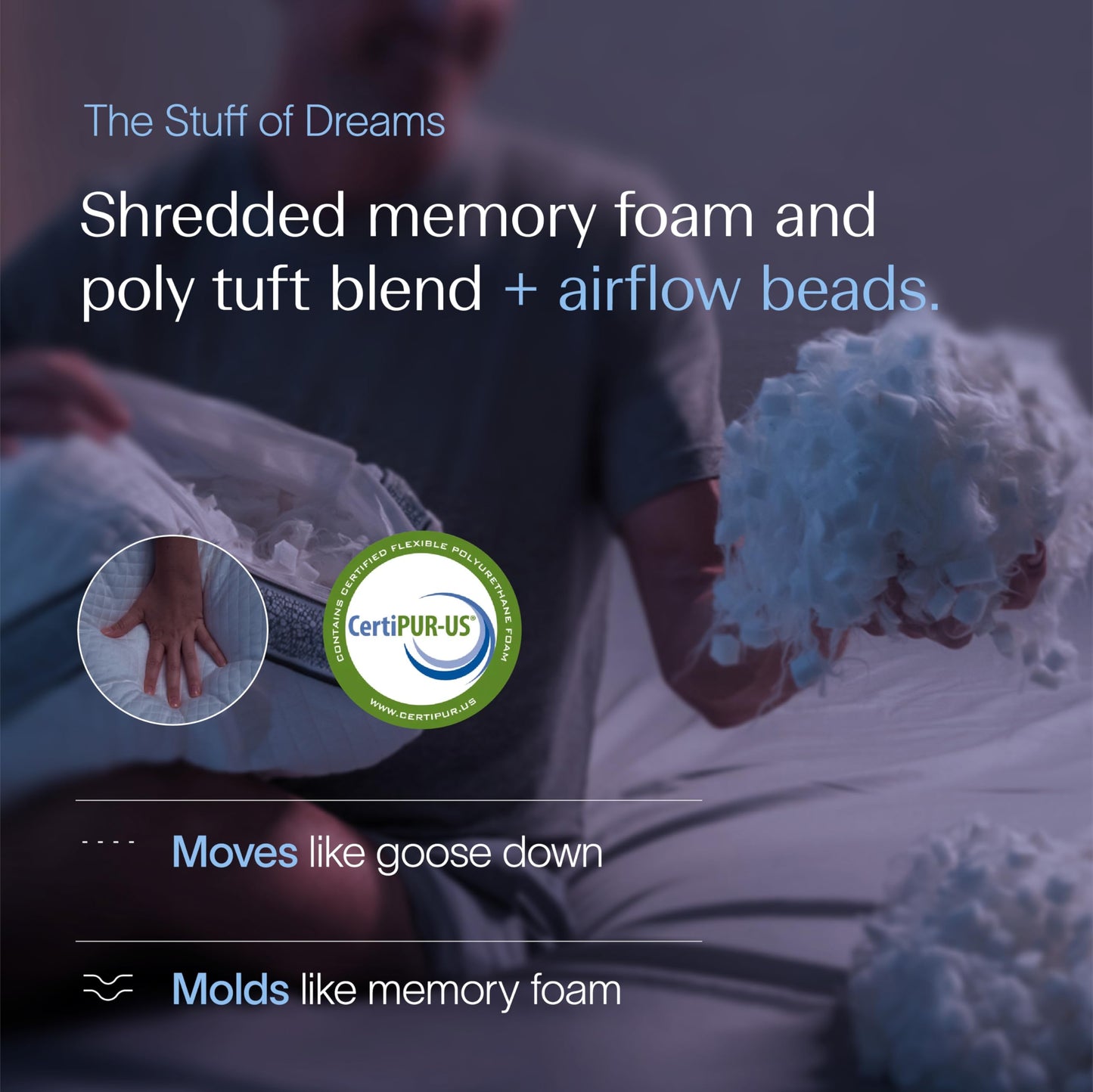 DreamyBlue Gusseted Sapphire Pillow • Adjustable Loft, Luxury Cover, Shredded Memory Foam Fill w/Airflow Beads •Ideal for Wide Shoulders •Neutral Alignment for All • CertiPUR-US Certified Foam (King)